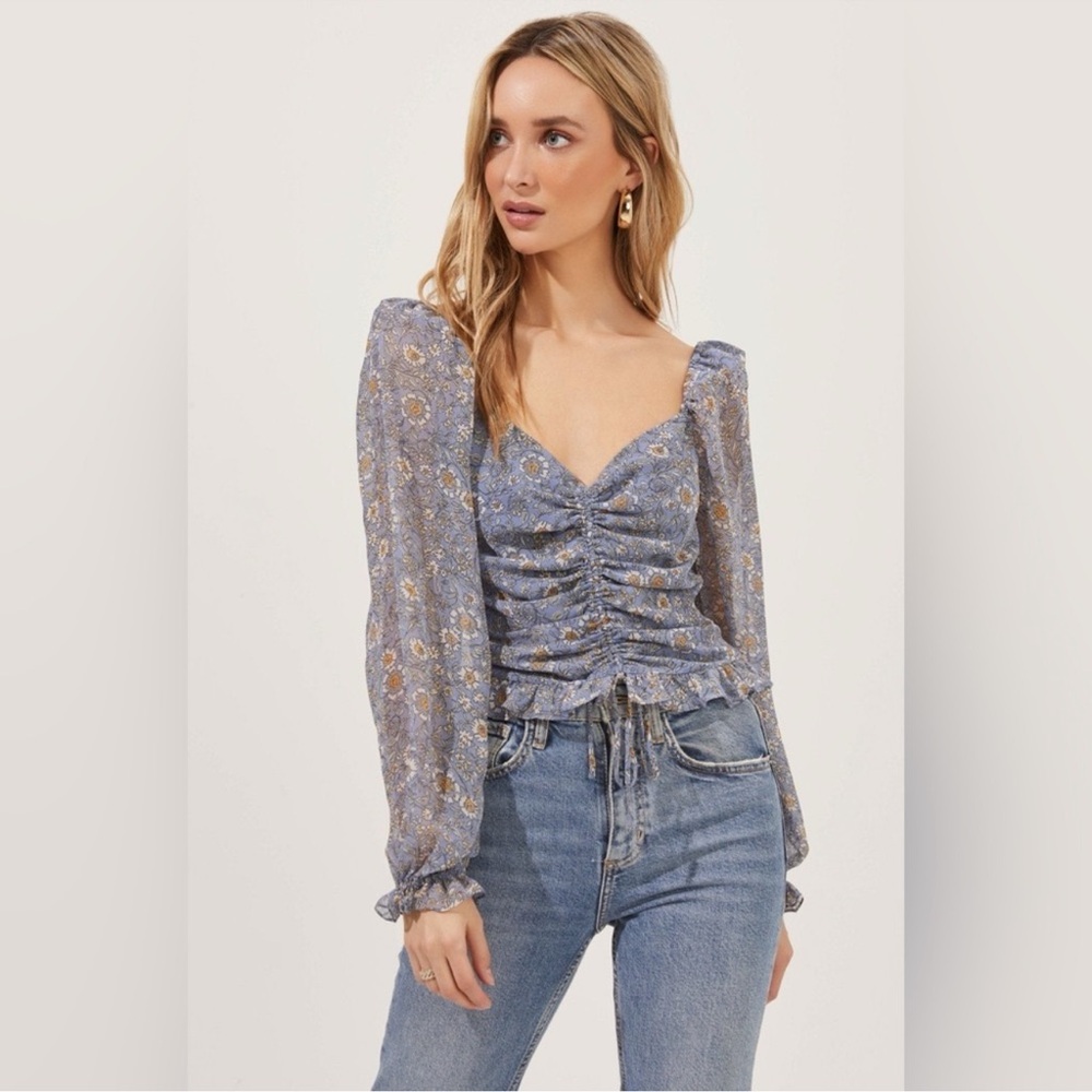 Astr The Label Love Song Floral Puff Sleeve Ruched Blue Floral Blouse Medium $88